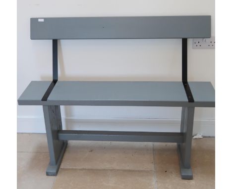 A Grey painted garden bench, 89cm high x 113 cm wide x 40cm deep. 
