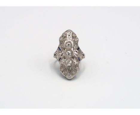 A platinum diamond and sapphire Art Deco design dress ring, size M, approx 5.97 grams 
