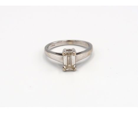 A 18ct white gold and emerald cut diamond ring, estimated 0.92ct K/L SI1/2 size K, approx 3.84 grams 