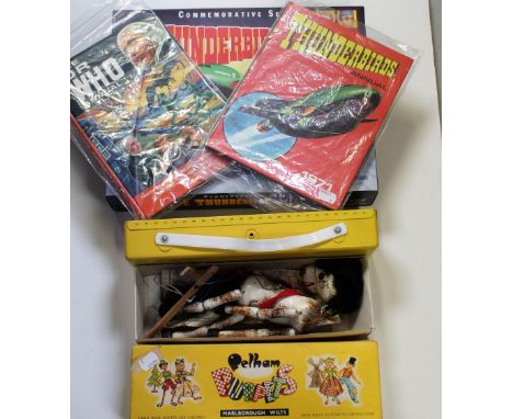 A Matchbox limited edition commemorative set, a yellow case containing a small quantity of Meccano, a boxed Pelham puppet 'Ho