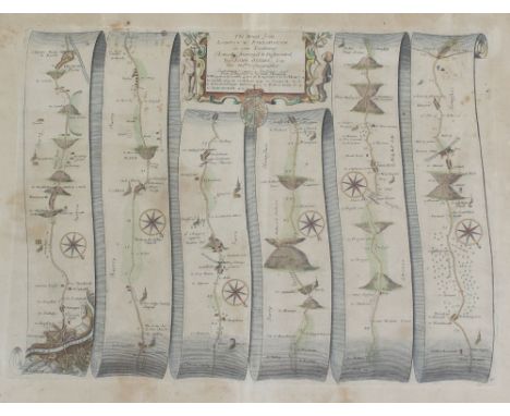 A 17th century map of the road from London to Portsmouth by John Ogilby, with later hand colouring, 33 x 43.5cm, in verre égl