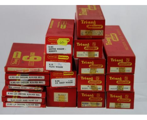 A collection of Hornby Railways OO gauge scale models accessories and track to include an R127 Crane Truck, an R19 Plate Wago