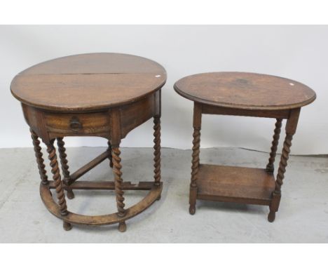 A c1930 oak demi-lune dropleaf side table on barleytwist supports, width 75.5cm and a small oak oval occasional table on barl