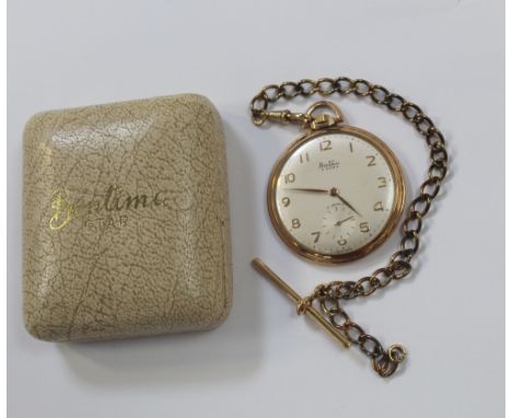 A boxed Bentima Star open-faced pocket watch, the dial set with Arabic numerals and subsidiary seconds dial and rolled gold w