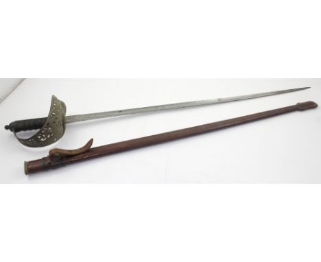 A George V infantry officer's sword with wired shagreen grip and basket hilt, bearing the royal sigil for George V, the plain