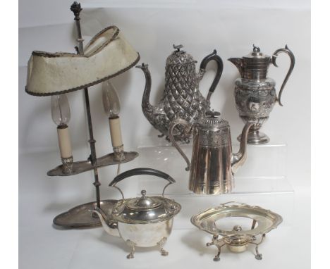 A mixed lot of EPNS to include assorted coffee pots, teapots and adjustable lamp, height approx 60cm.