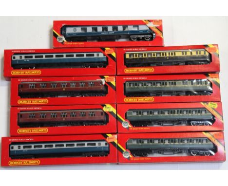 A collection of Hornby Railways OO gauge scale model carriages to include two number 439 B.R. Cach Mk 3 - Open Second, a Pull
