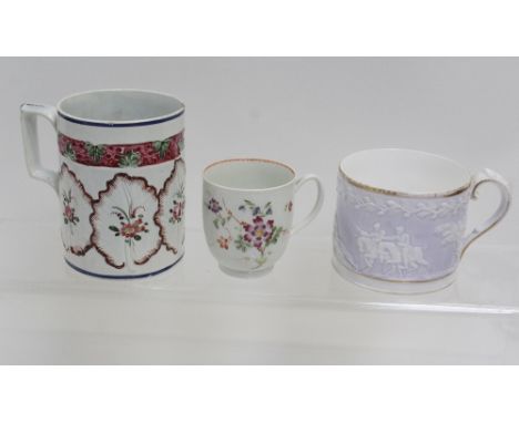 Attributed to Swansea; a c1800 pearl ware polychrome mug, blue border above a deep raspberry pink raised border with stylised