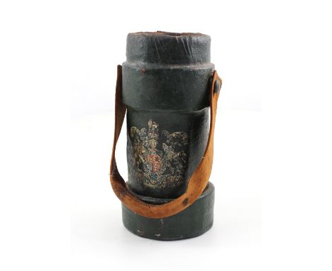 A green painted canvas cordite flask decorated with the royal coat of arms and with brown leather carrying strap, lacking lid