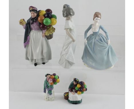 A Royal Doulton HN1843 'Biddy Penny Farthing', a Lladró Nao figure of a young girl in nightdress, a Coalport figure of 'Clair