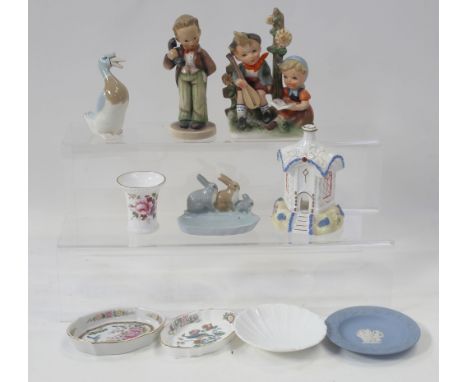 Two Hummel figures, young boy on a telephone and two child musicians, a Royal Crown Derby 'Derby Posies' vase, various pin di