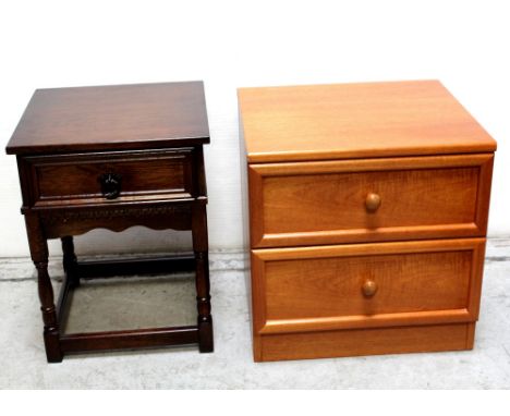 A small G-Plan bedside two-drawer cabinet, height 51cm and a carved oak single-drawer side table, height 53.5cm (2).