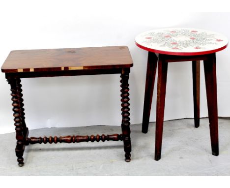 A Victorian walnut side table on bobbin turned twin pillar double supports and a circular topped melamine pub table on rectan