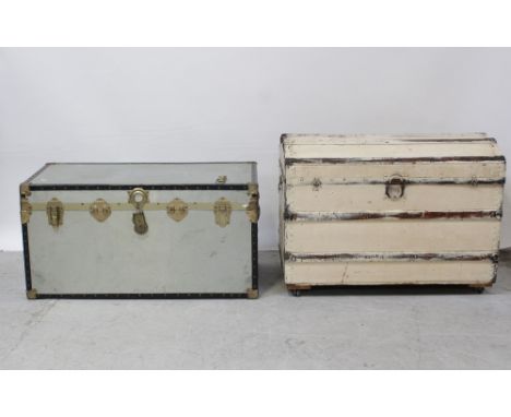 A grey covered university trunk with reinforced corners and a painted canvas arched-top coffer, width 92.5cm.