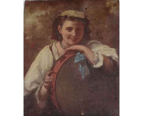 19TH CENTURY CONTINENTAL SCHOOL; oil portrait of a young female dancer with tambourine, 76 x 63.5cm, unframed. CONDITION REPO
