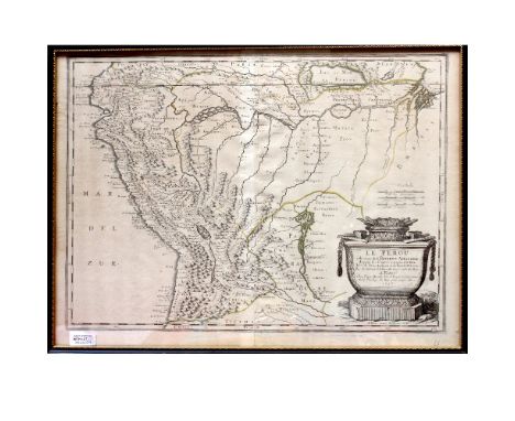 Two 17th century maps, one by Nicholas Sanson c1656 entitled 'Le Pérou et le Cours de la Riviere Amazone' with hand-coloured 