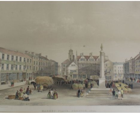 J Ferguson; a coloured lithograph 'Market Place, Preston, 1844', gallery and provenance verso documenting that this is the or
