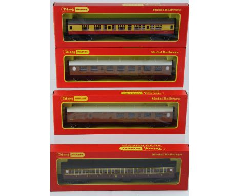 A collection of Tri-ang Hornby OO gauge model railways carriages including three R745 LNER Full Third Coaches, two R747 Coach