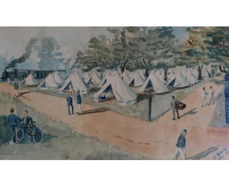 J C WALFORD RMA; amateur watercolour study, military encampment with a locomotive steam engine in the background, signed lowe