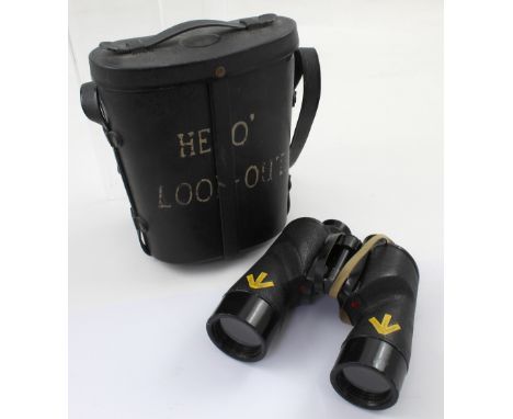 A set of WWII REL Canada field glasses or binoculars, marked with broad arrow and in black hard case with hand-painted inscri