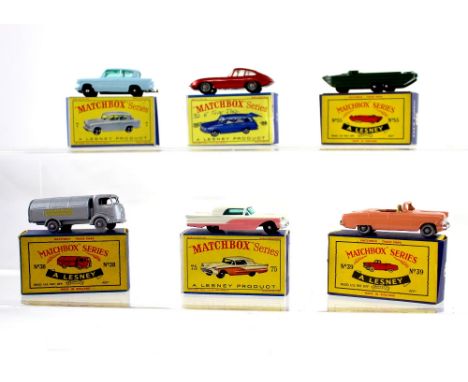 Six Matchbox Series diecast vehicles to include numbers 55, 39, 7, 75 and two number 38, one of which is a Refuse Wagon, the 