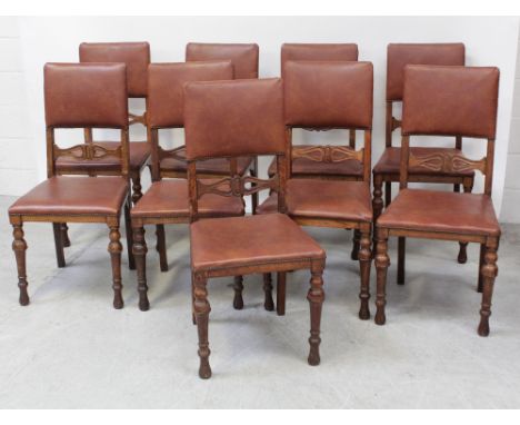 A good set of late 19th century oak dining chairs with upholstered backs and bow-shaped lumber supports, surmounting a stuff-