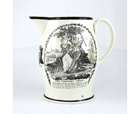 A c1780 Liverpool creamware jug decorated with comical scene to one side entitled 'Jack Spirit Sales Frolic' with small rhyme