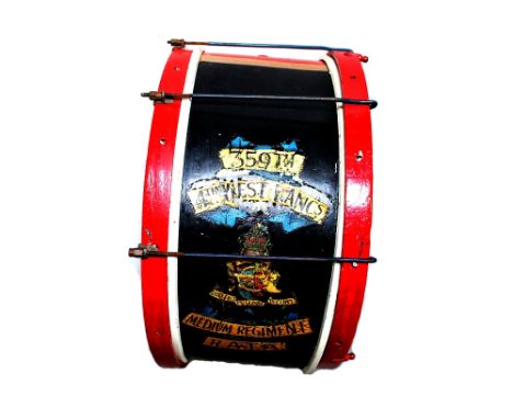 An inter-war period military bass drum belonging to the 359th Army 4th West Lancs Division Medium Regiment RATA, diameter 78.