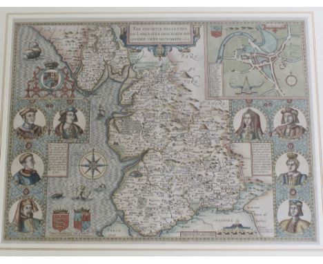 A John Speed first edition 1611 map of 'The Countie Palatine of Lancaster, Described and Divided into Hundreds 1610', with po