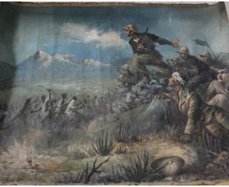 UNATTRIBUTED; oil on canvas, military scene of soldiers on rocky outcrop and marauding soldiers below, 66 x 89cm, with earlie