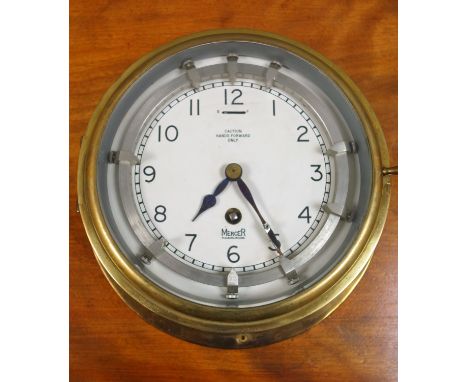 Early 20th century 'Thomas Mercer' of St. Albans brass cased ships bulkhead clock, with electric alarm system, in mahogany ca