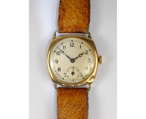 Gentleman's 9ct gold Swiss made wristwatch, case by Dennison Birmingham 1930 on leather strap   Condition Report  ticking awa