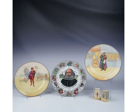 This lot features five Royal Doulton items from the Shakespearean Collection, including three decorative plates and two small