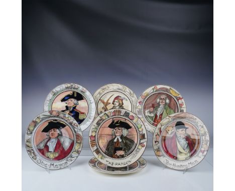 This lot features seven decorative plates from the Royal Doulton "Satire" series, each measuring 10.5"L. The series portrays 