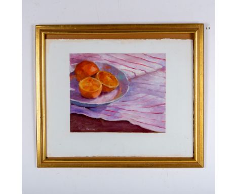 A lovely still life acrylic painting on paper by artist Peggy Hawley, depicting a bowl of oranges set atop a striped tableclo