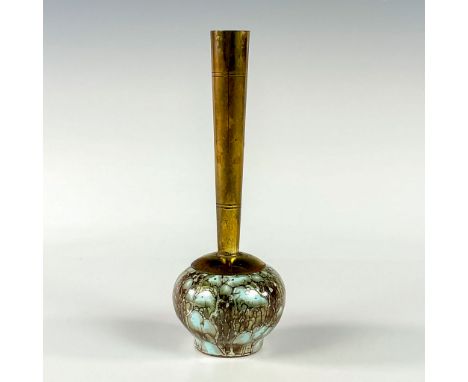 Turquoise with lustre finish and branch patterning. Round body. Narrow brass spout. Hand Painted Delft Holland on bottom. Thi