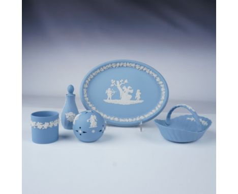 This collection includes five stunning pieces of Wedgwood jasperware in a soft blue hue, each adorned with intricate white re