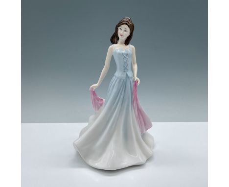 A woman in a dress that starts as sky blue and fades into white holds a pink sash as she gracefully spins. Royal Doulton back
