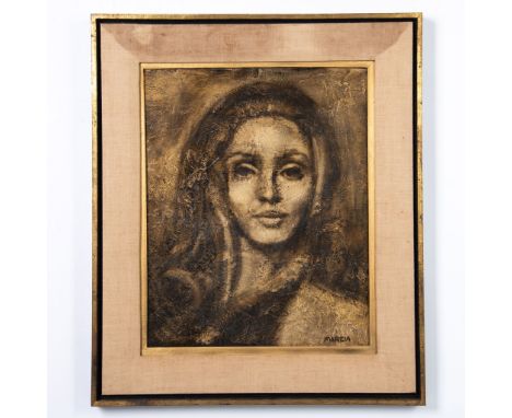 A monochromatic textured oil painting on masonite depicting the portrait of a woman. Artists signature on lower right. Housed