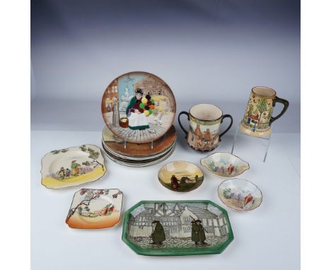 An extensive 16-piece collection of vintage Royal Doulton ceramic items, including a loving cup, a single-handled mug, a scen