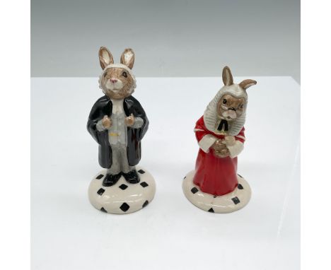 Pair of Royal Doulton Bunnykins figurines featuring Lawyer Bunnykins DB214 and Judge Bunnykins DB188. Exclusively crafted for