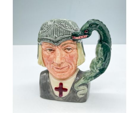 Large. Figural jug of the 13th century English hero in a gray armor and helmet. A forest green dragon formed the handle. Roya