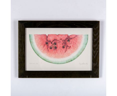 A color lithograph on paper after a watercolor painting by artist Karyn Frances Gray, depicting a watermelon slice. Artists s