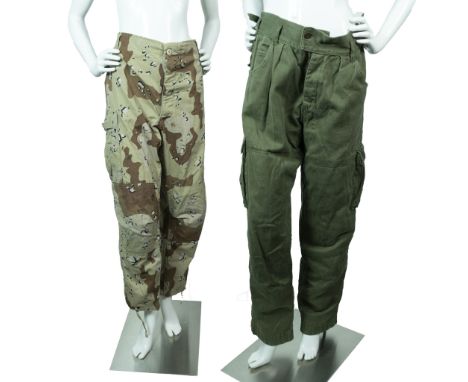 2 pairs of button fly cargo pants. The olive green pair has a waist that measures 36" with an inseam of 31" and length of 42"