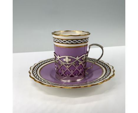 Porcelain set with slightly scalloped rim, lavender background with intricate silver lattice overlay and gold accents. The cu