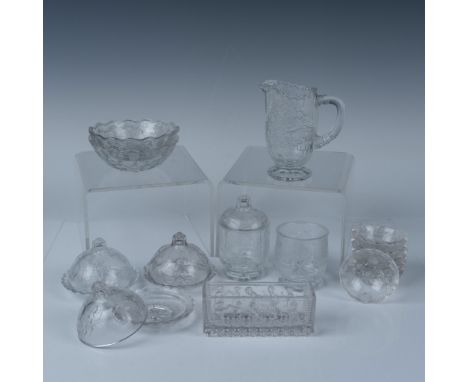 Pressed glass set featuring the Nursery Rhyme pattern, which showcases charming scenes of country life. This collection inclu