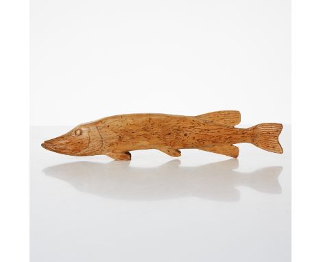 A SWEDISH FOLK ART CARVED MASURIAN BIRCH MODEL OF A PIKEthe fish inscribed 'US' to the underside,33cm wide