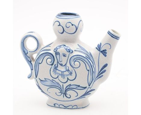 A 1930's SWEDISH FOLK ART STYLE POTTERY JUGthe ceramic vessel decorated with a blue and white glazed, depicting a primitive s