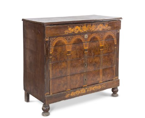 A 19TH CENTURY SPANISH MAHOGANY AND MARQUETRY CHEST OF DRAWER CIRCA 1835In the Mary Chrisne Regency style, in mahogany, mahog