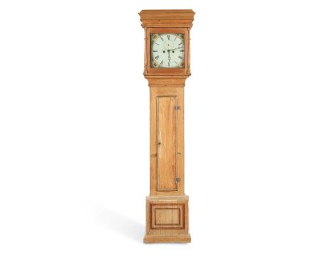 A 19TH CENTURY PROVINCIAL ENGLISH LONGCASE CLOCKin a pine case, the hood with caddy top over ringed pilasters, on a plain tru